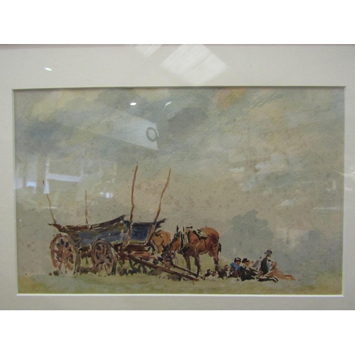 4047 - GERALD ACKERMANN (1876-1960) A framed and glazed watercolour, farm workers resting with horses and c... 