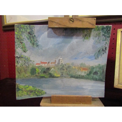 4053 - An artist painting on easel of Diss Mere, 20cm x 25cm, and two Stephen Walker paintings including la... 