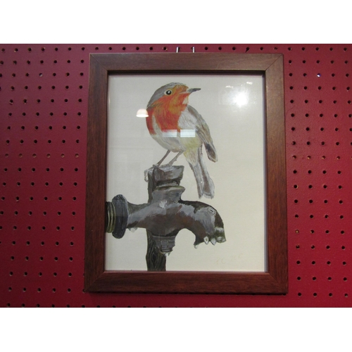 4070 - A watercolour of a Robin on garden tap, initialled T.C dated 2010, framed and glazed, 23cm x 20cm im... 