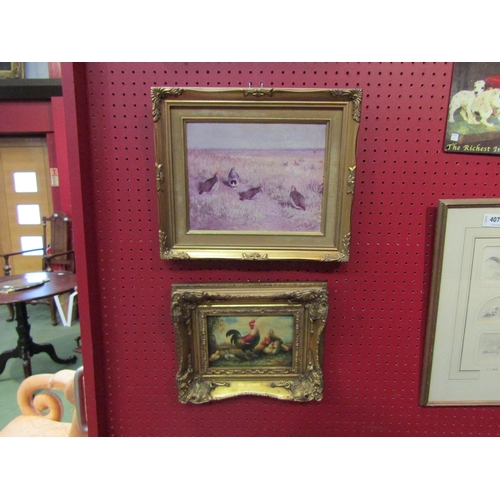 4071 - Two oleographs of partridges and chickens, both gilt framed, 19cm x 24cm and 11cm x 16cm image sizes