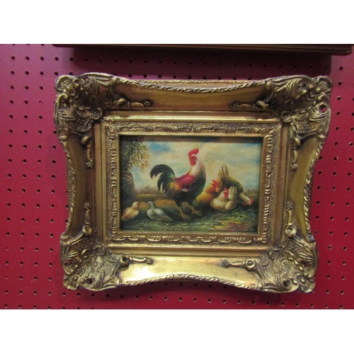 4071 - Two oleographs of partridges and chickens, both gilt framed, 19cm x 24cm and 11cm x 16cm image sizes