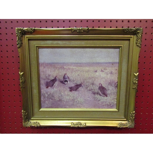 4071 - Two oleographs of partridges and chickens, both gilt framed, 19cm x 24cm and 11cm x 16cm image sizes