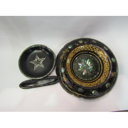 4073 - A Victorian papier-mache and mother-of-pearl inlaid basket, glasses case and small tray (3)