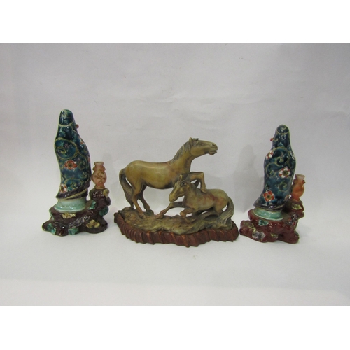 4084 - A pair of Oriental porcelain figures, 16cm tall, one a/f, and a carved stone Chinese horse group on ... 