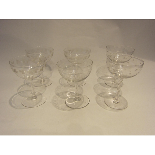 4433 - Six Edwardian etched saucer champagne glasses