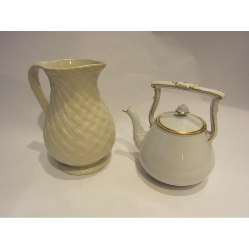 4435 - A Victorian stoneware jug with registration mark basket design and Victorian pottery tea kettle   (R... 