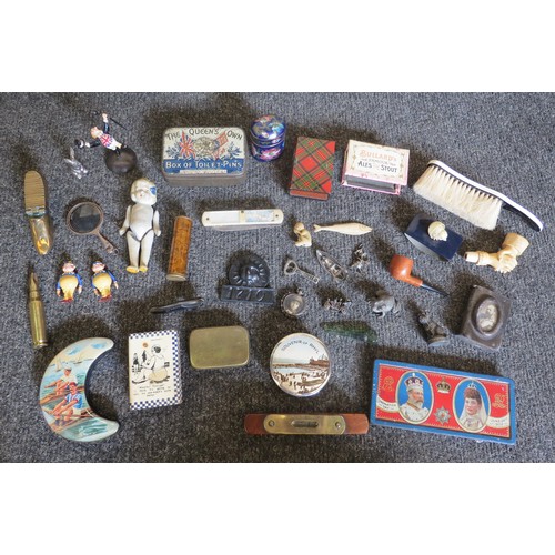 A box containing miscellaneous curios including penknives, thimbles