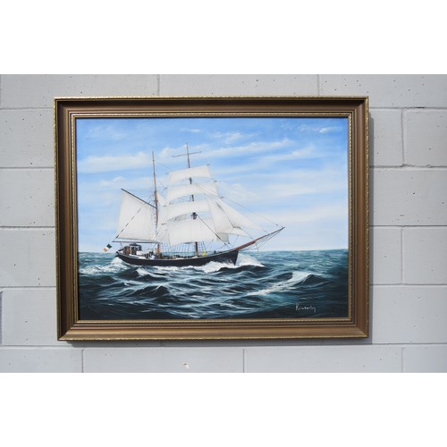 6063 - KIMBERLEY (XX) A framed large oil on canvas depicting the Brigantine 'Pheonix'. Signed bottom right ... 