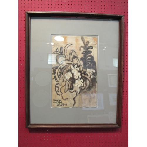 1063 - Phong Lam Mong Reng '77 mixed media on paper of floral still life, framed and glazed, 40cm x 25cm im... 