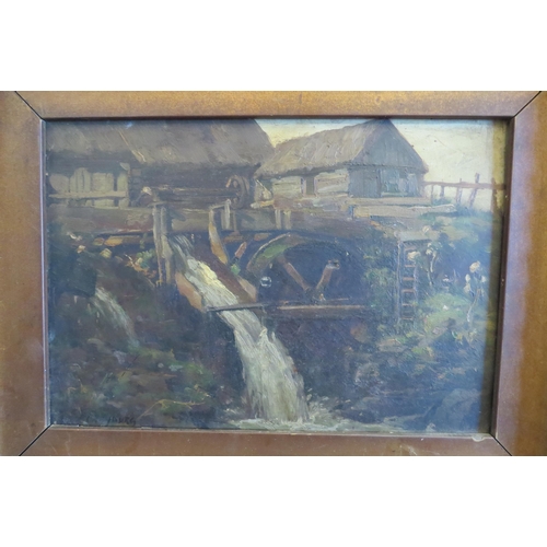 1069 - FRANK PROSCHWITZRY FREYBURG (1862-1939): An oil on wooden panel depicting a watermill. Indistinctly ... 