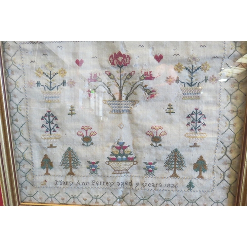 1071 - A 19th Century sampler with verse, trees and flowers worked by Mary Ann Perrey aged 9 years 1826 (ho... 