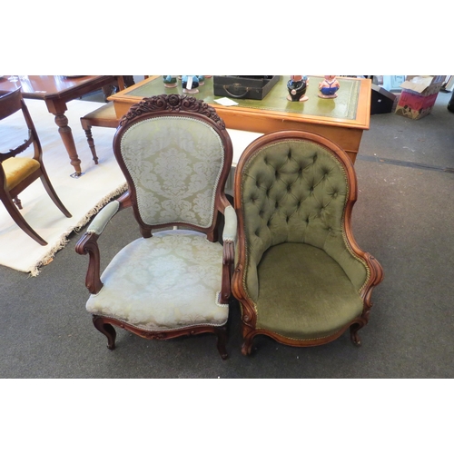 1093 - A 19thc walnut framed button back salon chair and a carved armchair, with backrest repair (2)