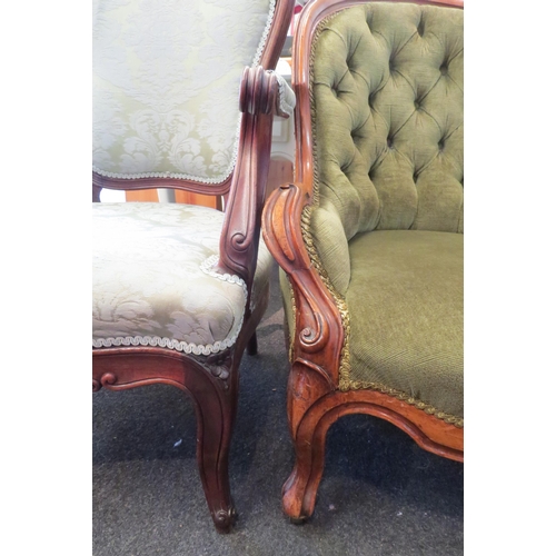 1093 - A 19thc walnut framed button back salon chair and a carved armchair, with backrest repair (2)