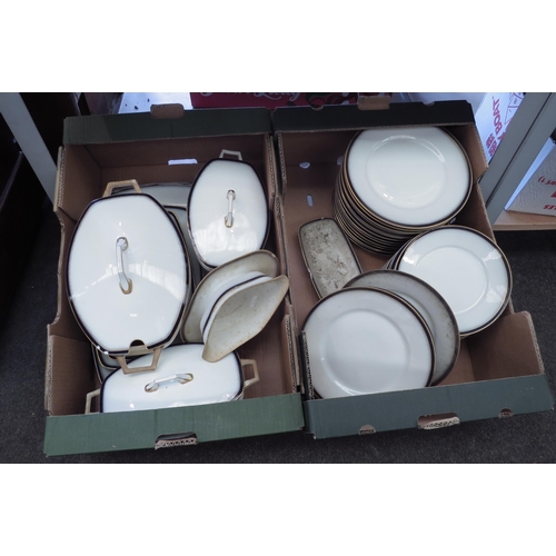 1115 - An extensive dinner service, white ground, blue and gilt bands, to include various plates of differe... 