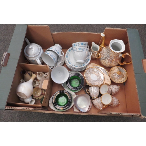 1123 - A box of miscellaneous ceramics to include gilt coffee set, part white ground tea set, advertising a... 