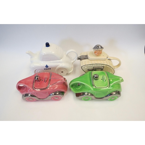 1130 - Four novelty teapots in the form of cars and a tank including Carlton Ware police car