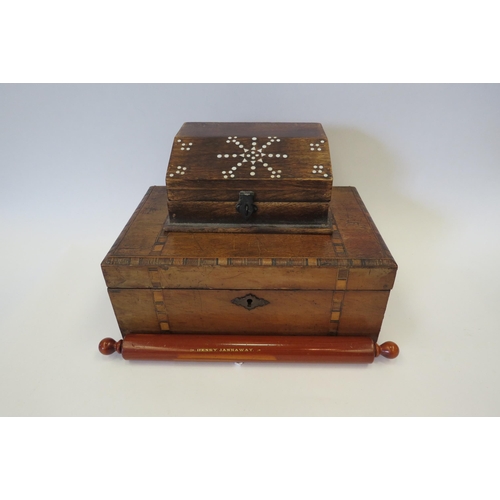 1142 - Two boxes, one with marquetry inlay, and a Henry Jannaway pencil and eraser in the form of a rolling... 