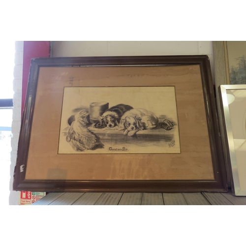 1154 - After Landseer - a charcoal drawing of dogs, signed H.M. Smith bottom right and dated 1905, framed, ... 