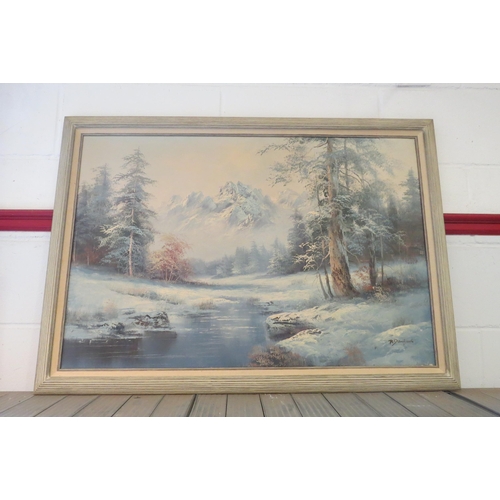 1155 - R. DANFORD: A large oil on canvas of river scene with snowy mountains to background, 60cm x 90cm ima... 