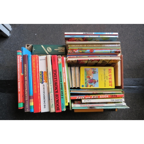 1156 - A box of 1970's books and annuals including Rupert, It's a Knockout, etc together with