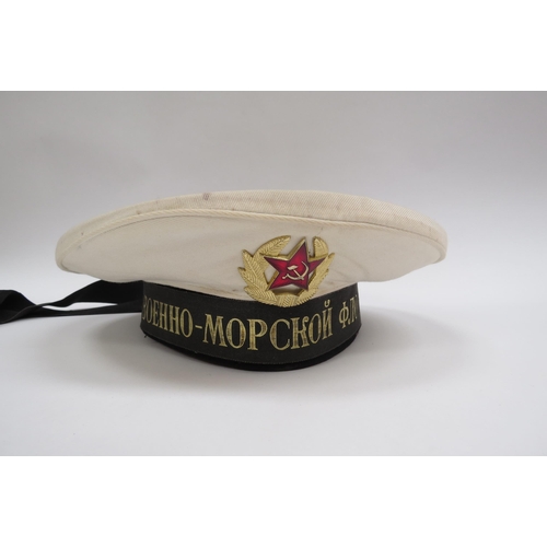 8123 - Four USSR Russian Soviet Navy sailor's hats, three white with black tally, the other black with tall... 