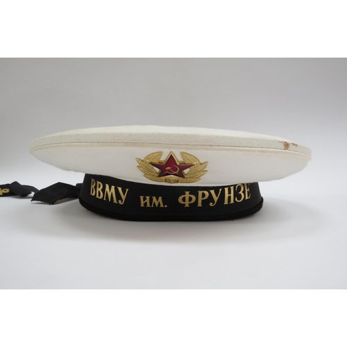 8123 - Four USSR Russian Soviet Navy sailor's hats, three white with black tally, the other black with tall... 