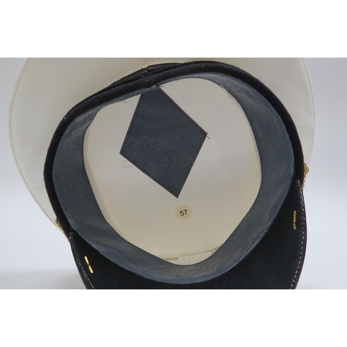 8125 - Three Russian Federation Naval officer's peaked visor caps, two white with black band, the other bla... 