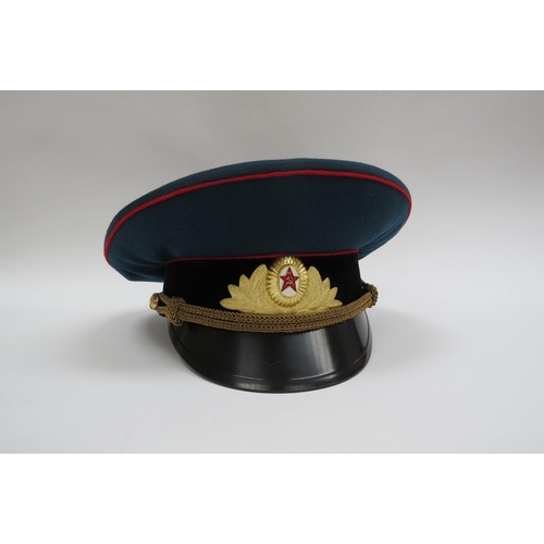 8127 - Four USSR Russian Soviet peaked visor caps including Army Officer (dark green with red band and red ... 