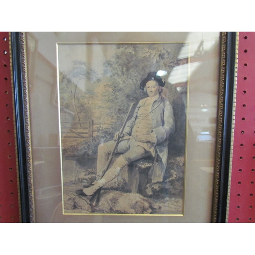 1074 - A full length watercolour portrait of a seated gentleman, dog and game birds at feet, framed and gla... 