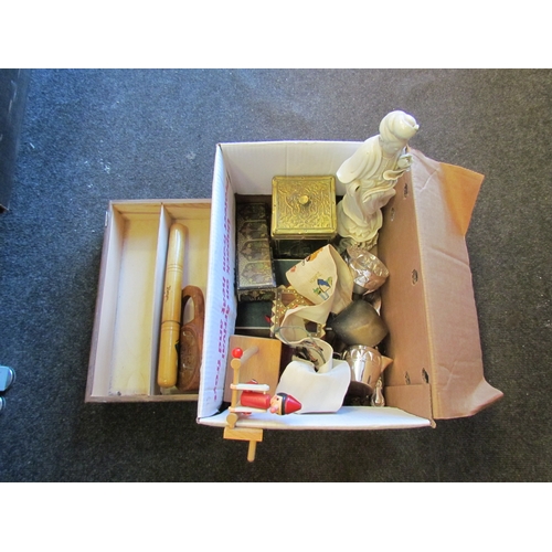 1170 - A box containing miscellaneous including a brass tea caddy, cased manicure set, cow bell, etc.  (R) ... 