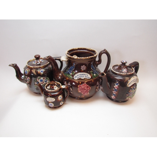 1200 - Four Bargeware teapots, largest lacking lid  (E)  £20-30