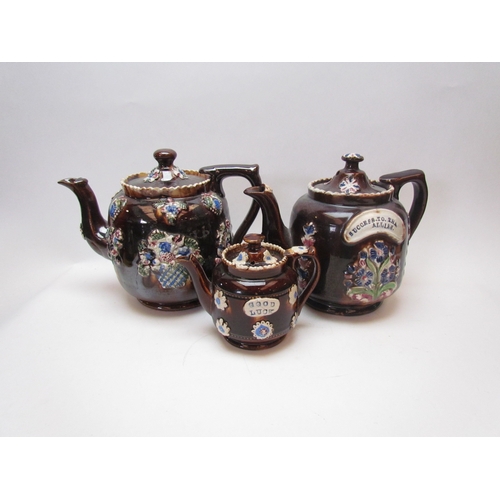 1200 - Four Bargeware teapots, largest lacking lid  (E)  £20-30