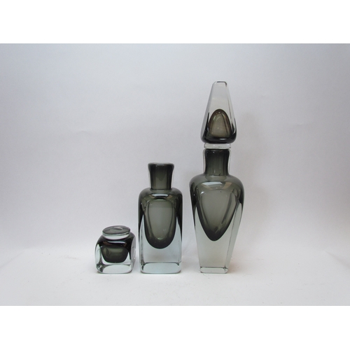 1227 - An Italian Studio glass decanter, vase and paperweight, smoked interior.  Tallest 32cm