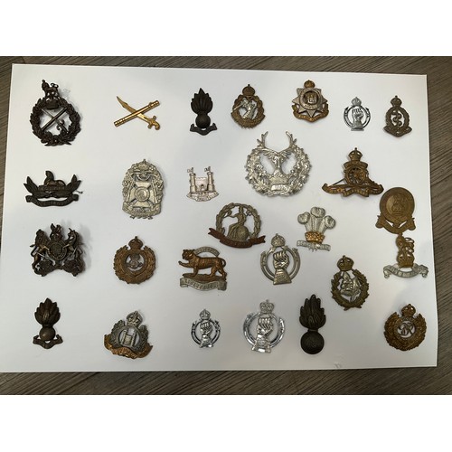 8551 - A display of British military badges including Norfolk Regiment, Gloucestershire and Suffolk Regimen... 