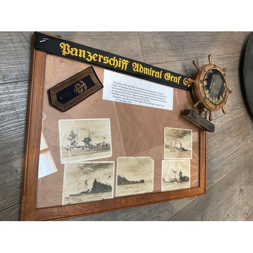 8553 - A framed display of original photographs of the Graf Spee, together with a Kriegsmarine ship’s wheel... 