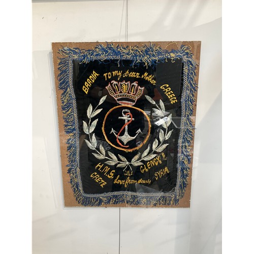 8368 - An HMS Glengyle themed embroidery 'To my Dear Mother', central anchor with crown, 50cm x 40cm, frame... 