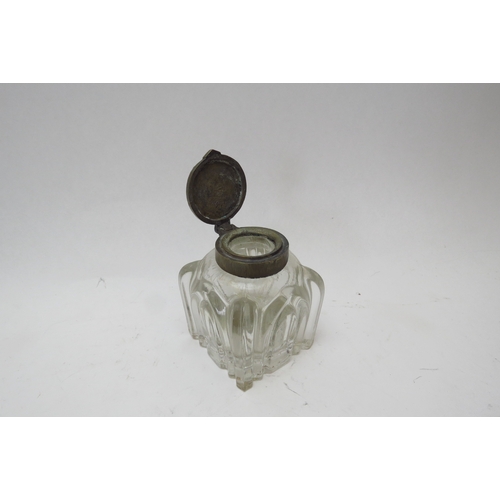 1243 - An enamel silver topped smelling salts bottle, inkwell and cut glass perfume bottle (3)