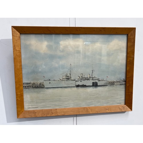 8365 - ERIC TUFNELL (1888-1978): A watercolour of HMS Maidstone, docked, 25.5cm x 36.5cm, framed and glazed... 