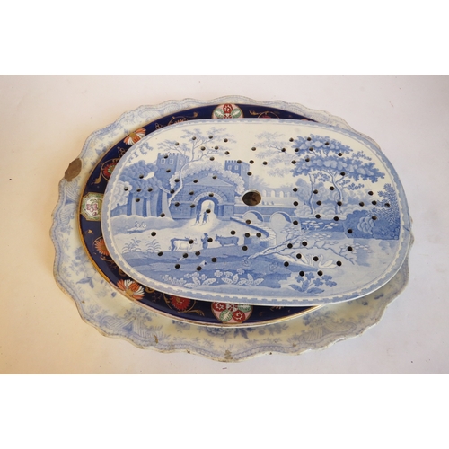 1367 - A Spode blue and white drainer, A Victorian blue and white stoneware meat platter, a/f, and an 