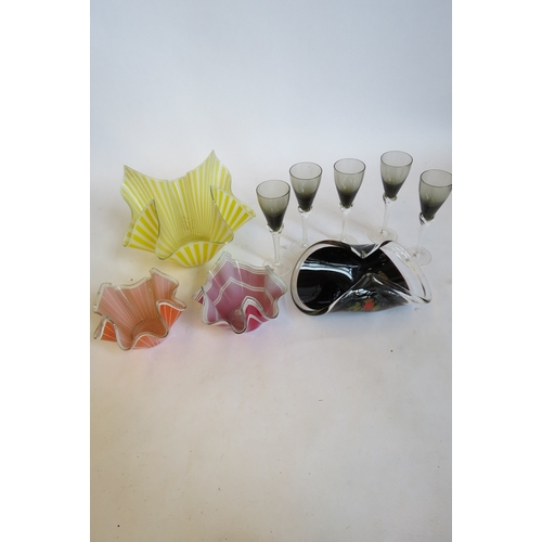 1369 - Three Chance glass handkerchief bowls, a Murano mottled glass bowl and five twisted stem glasses