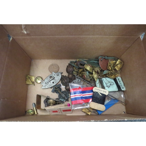 1380 - A box of mixed to include pictures, Oriental diorama, militaria buttons etc.