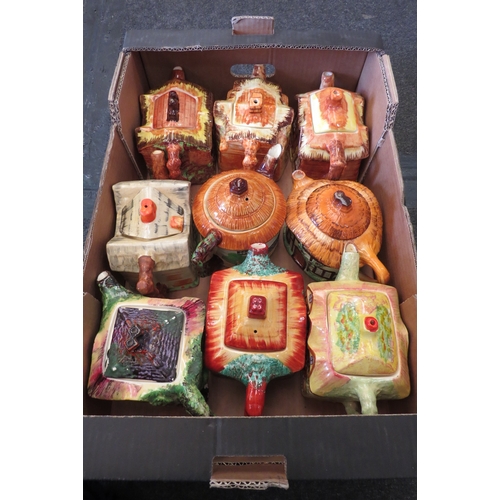 1381 - A box containing nine Cottage Ware teapots including Kensington and Burlington Ware