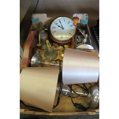 1396 - A box of mixed; brass bells, an oil lamp, a pair of glass table lamps, etc   (E) £10-20