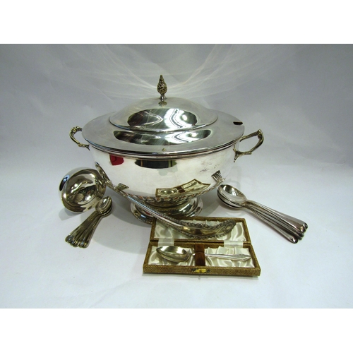 4085 - A mid Century plated tureen with ladle together with cutlery