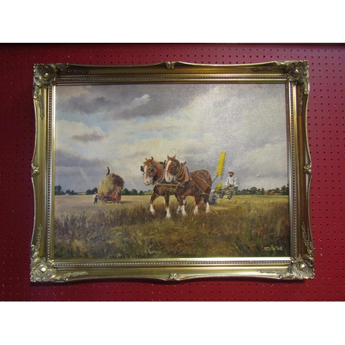 4091 - D. COOPER: An oil on board depicting a horse drawn harvest scene, signed and dated '85 lower right. ... 