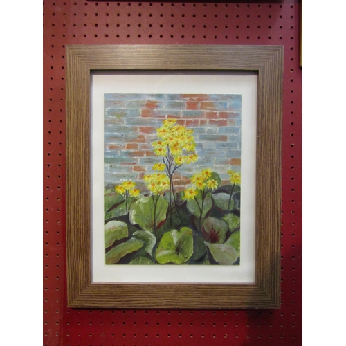 4097 - An oil on board of yellow leopard plants, unsigned, framed and glazed, 28cm x 22cm image size   (R) ... 