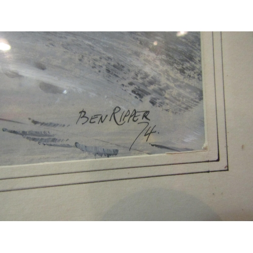 4118 - BEN RIPPER: A monotone image of dwellings and boats in creek, signed and dated '74 lower right, fram... 