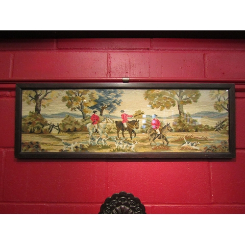 4156 - A machine woven panel depicting a hunting scene, framed and glazed, 27cm x 90cm image size   (E) £15... 