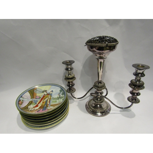 4466 - A silver plate candle epergne and eight collectors plates