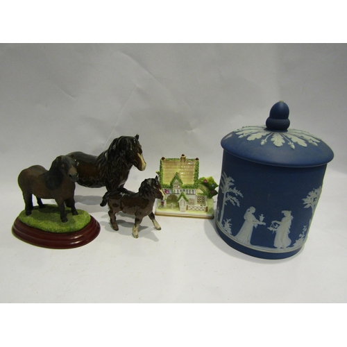 4471 - A Wedgwood Jasperware biscuit barrel together with Beswick Shetland ponies a/f a Border Fine Arts mo... 